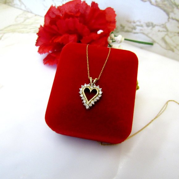 Diamond Heart Pendant Necklace Solid 10k Yellow Gold Genuine Natural Real - Picture 2 of 10